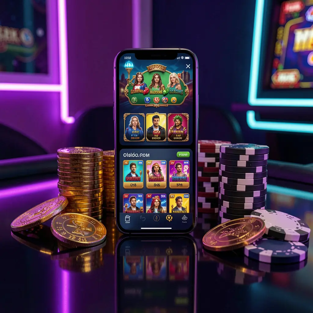 BOW BET mobile casino dashboard on smartphone displaying colorful gaming interface with golden coins and poker chips on glossy table under elegant neon lighting