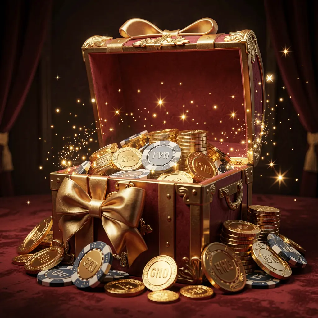 BOW BET no deposit casino bonus glowing gift box filled with free casino chips and golden coins with magical sparkle effects on a luxury dark background creating an exciting reward atmosphere