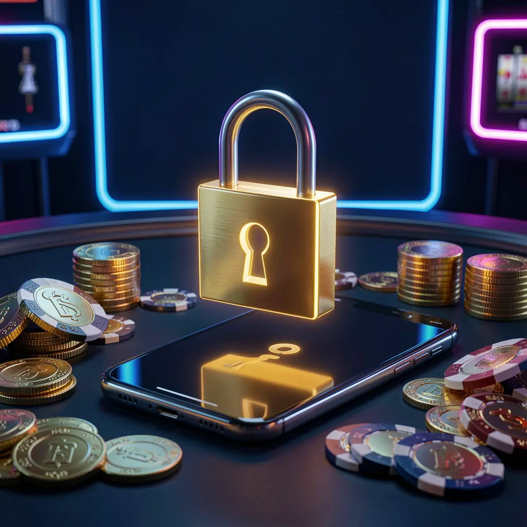 BOW BET casino login security image showing a glowing padlock floating above a smartphone with golden coins and chips scattered around against a dark blue neon background in a premium realistic 3D render