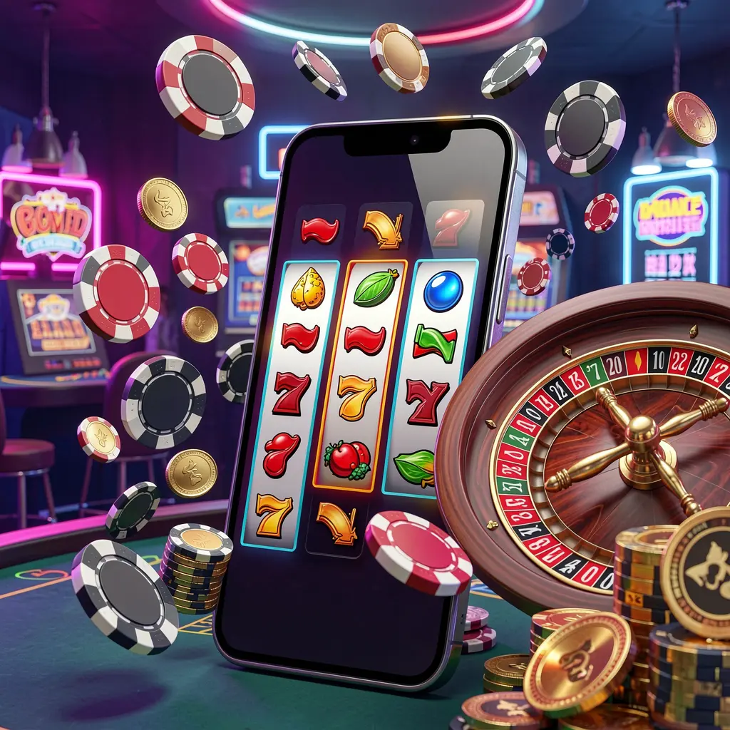 BOW BET casino entertainment homepage concept featuring a modern mobile phone with slot symbols, a roulette wheel, chips, and coins floating around against a neon casino background in a premium 3D render